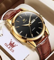 Men Women Waterproof Wrist Watch Brown Leather-OLEVS Classic Analog Quartz Watch Week Date Casual Luminous Waterproof Wrist Watch Lovers